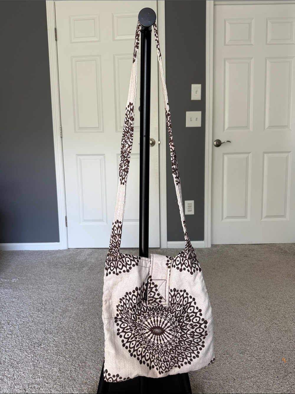 Boho Crossbody Tote Bag in Cream and Brown